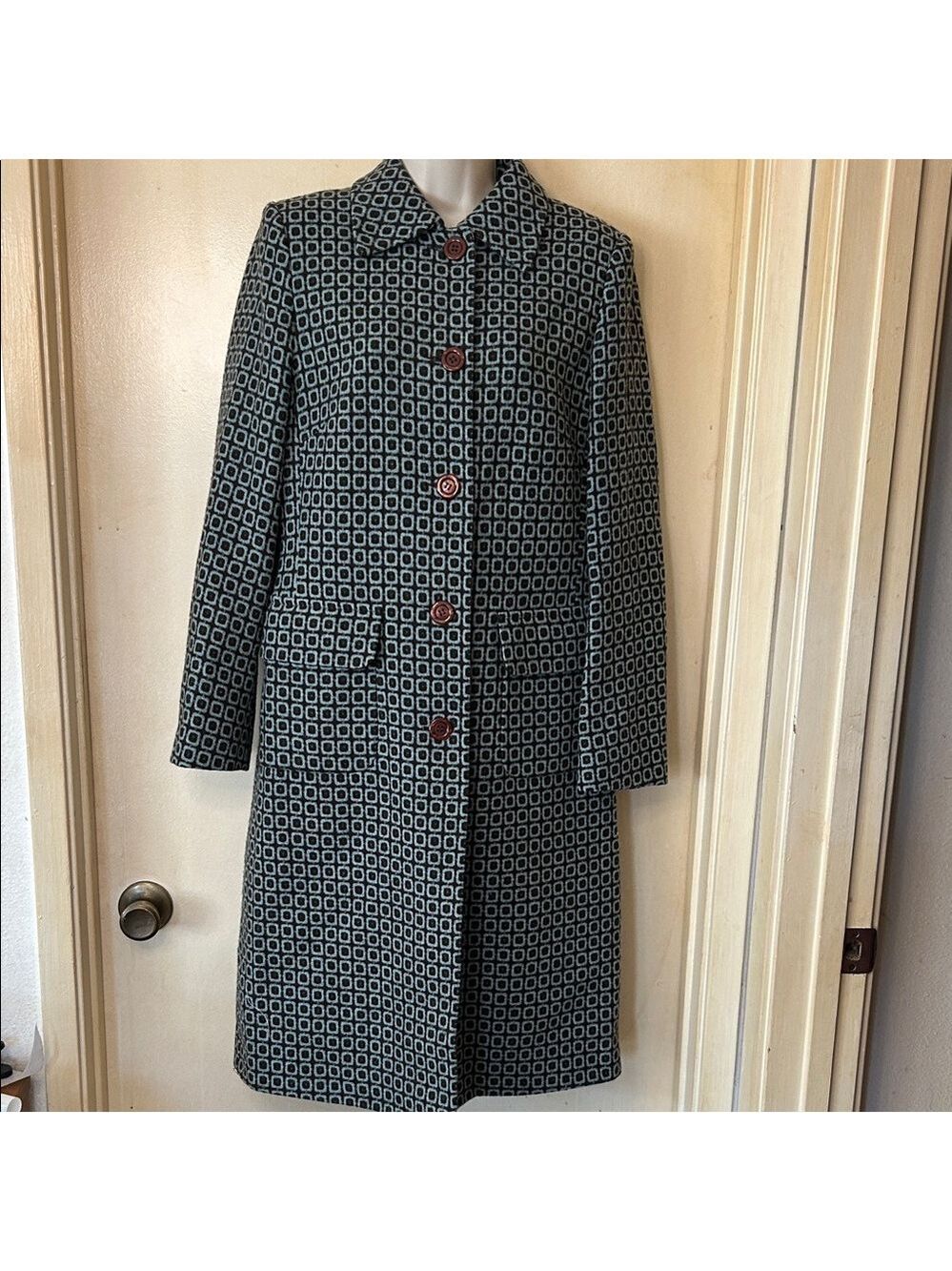 Oasis 100% Virgin Wool Green and Brown Overcoat size UK 14